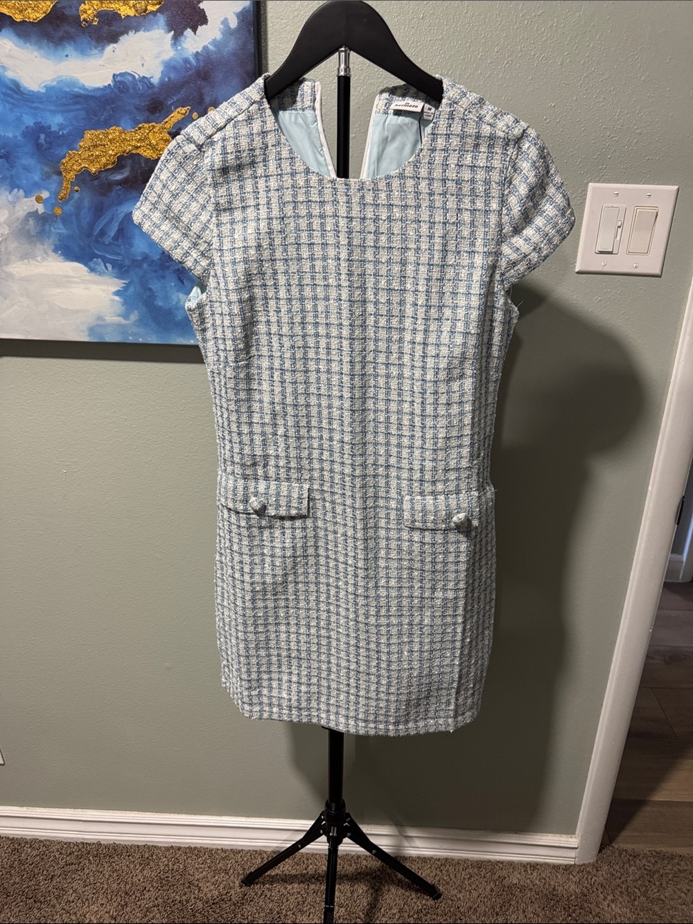 Light Blue Tweed Cap-Sleeve Dress